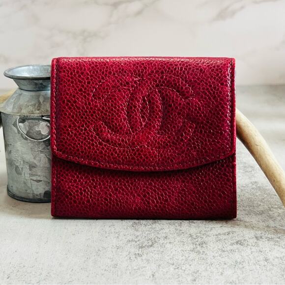 Chanel Burgundy Red Caviar Leather Fold Over Open Wallet - Picture 1 of 16